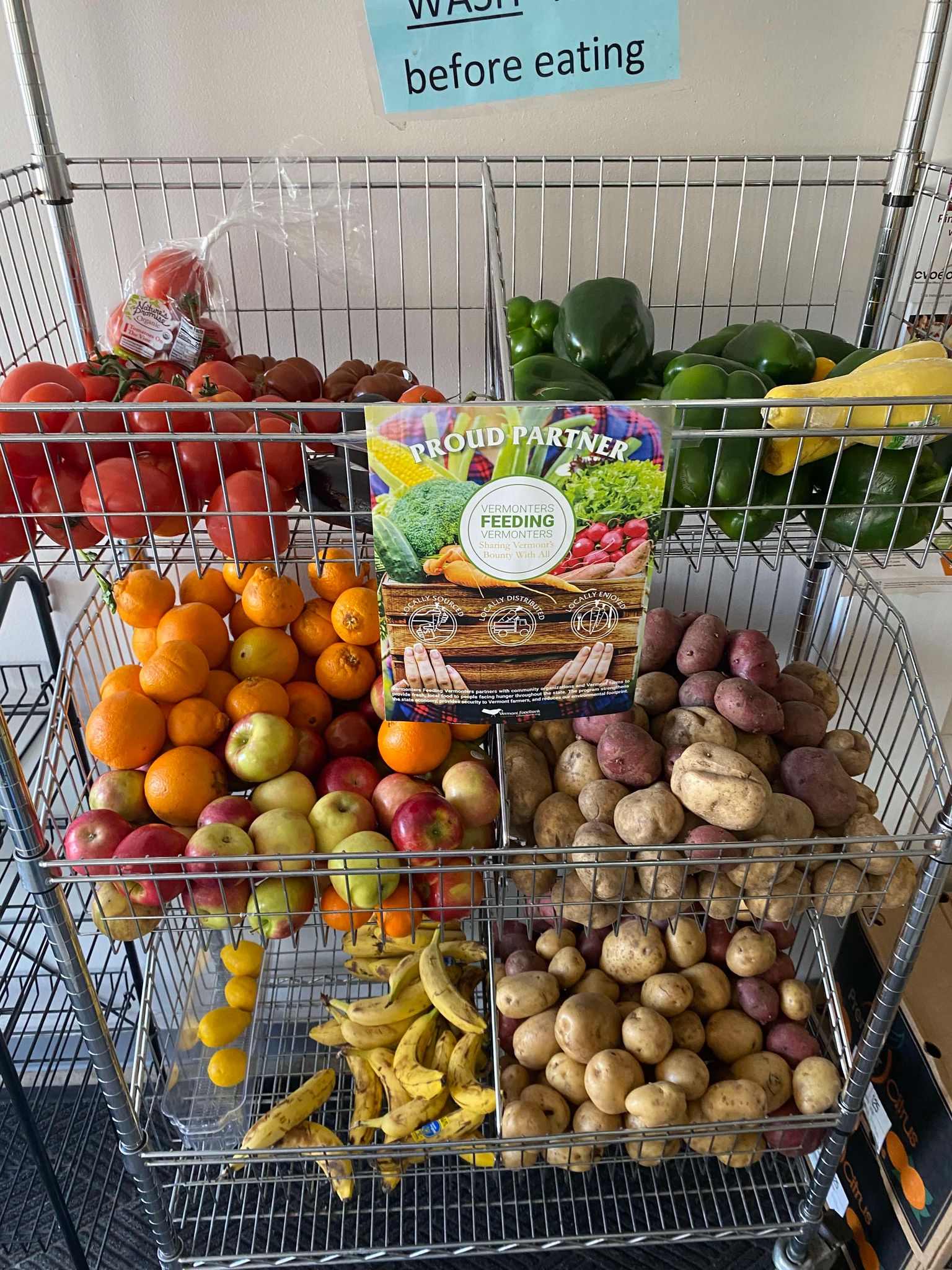 fruits and vegetables on metal wire cart