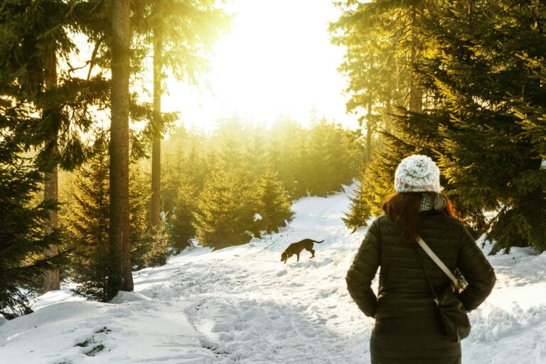 woman walking in snowy woods